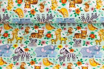 Jersey mit Zootieren, Elefanten, Giraffen, mintgrün, Artikel-Nr. FVJ-2328, Fräulein von Julie, 0,5 m
